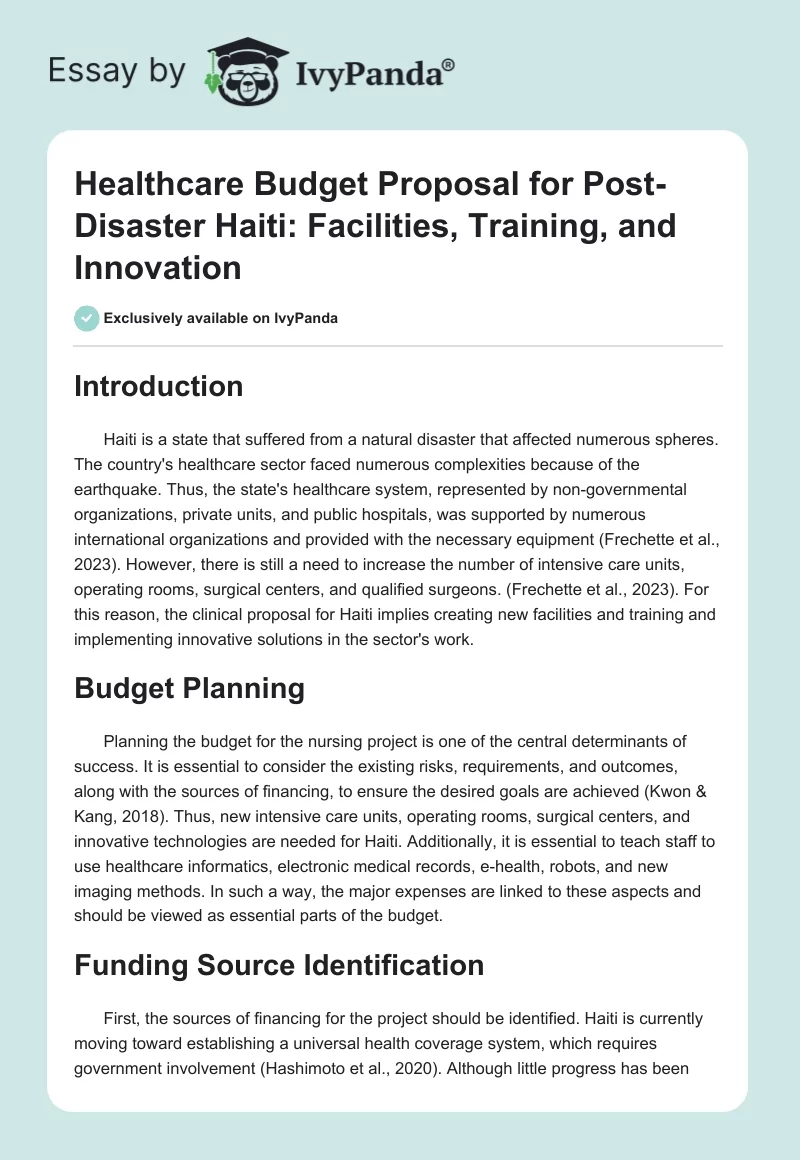 Healthcare Budget Proposal for Post-Disaster Haiti: Facilities, Training, and Innovation. Page 1