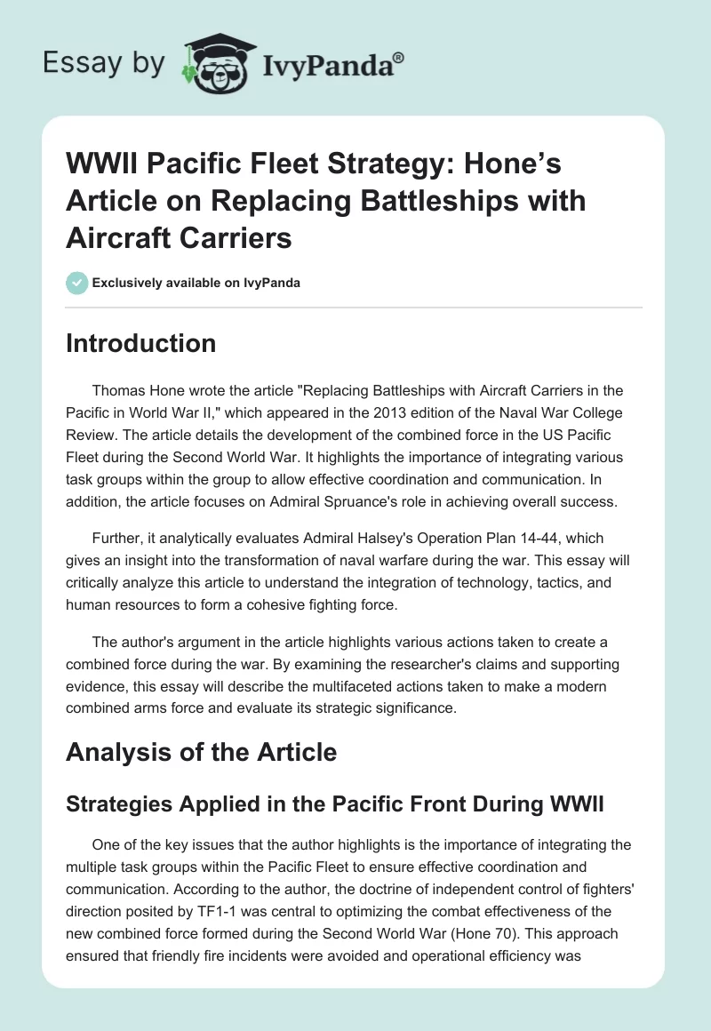 WWII Pacific Fleet Strategy: Hone’s Article on Replacing Battleships with Aircraft Carriers. Page 1