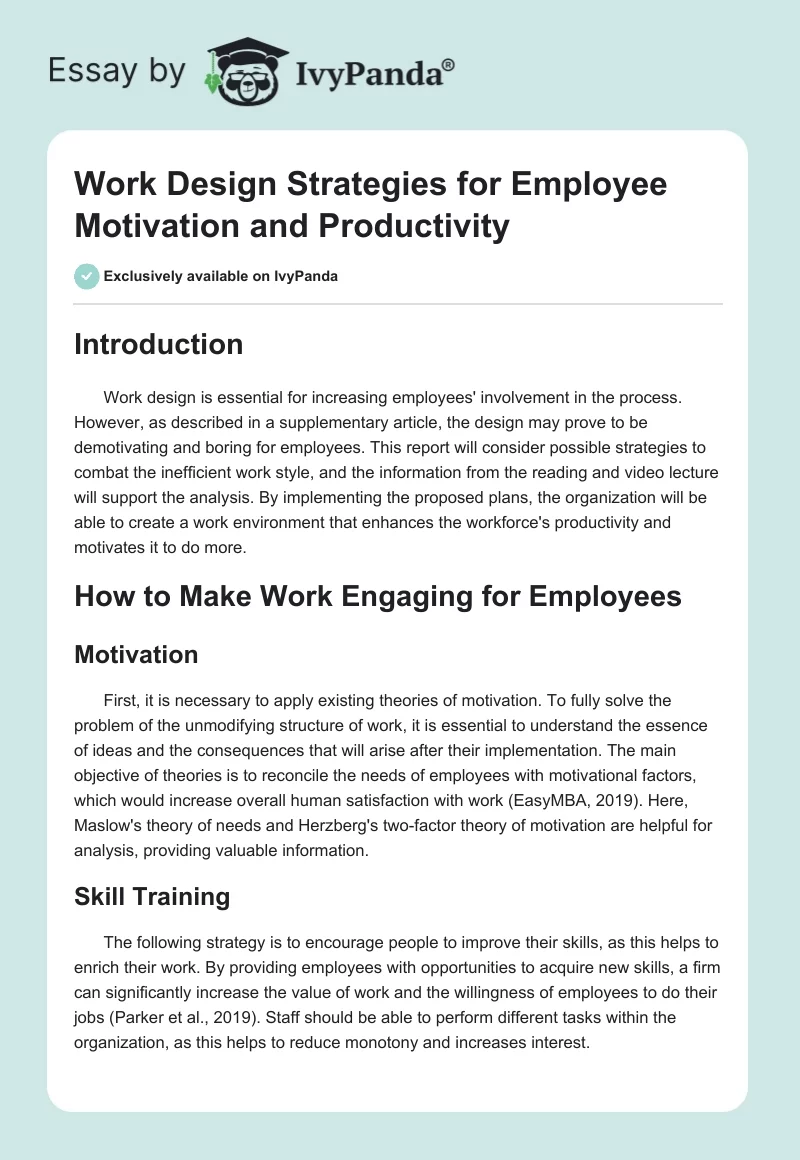 Work Design Strategies for Employee Motivation and Productivity. Page 1