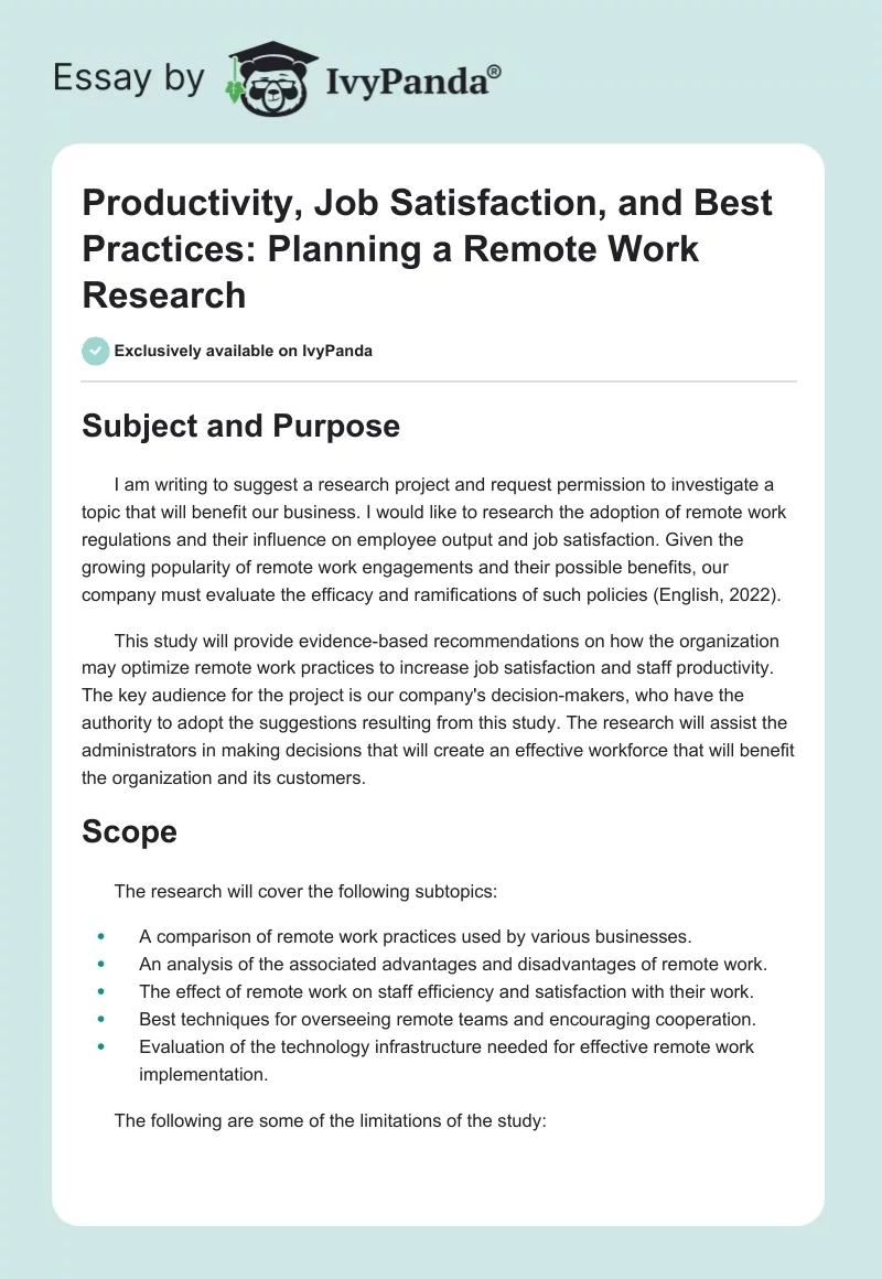 Productivity, Job Satisfaction, and Best Practices: Planning a Remote Work Research. Page 1