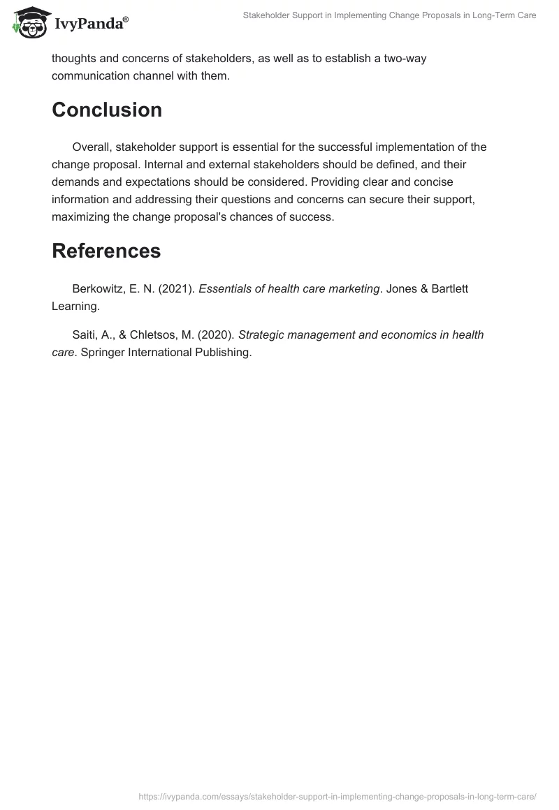 Stakeholder Support in Implementing Change Proposals in Long-Term Care. Page 2