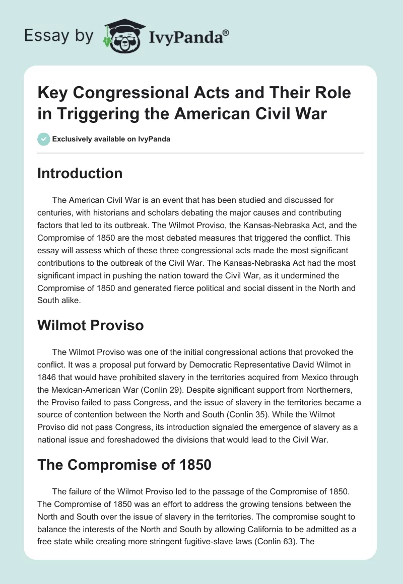 Key Congressional Acts and Their Role in Triggering the American Civil War. Page 1