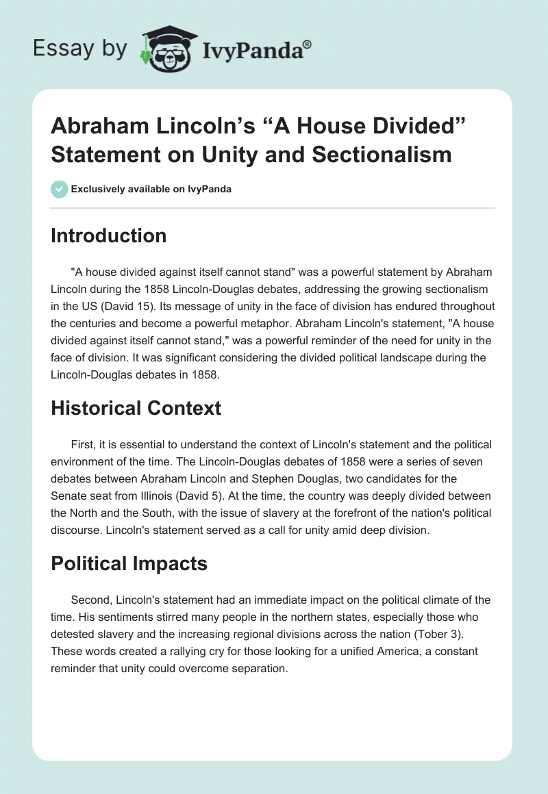 Abraham Lincoln’s “A House Divided” Statement on Unity and Sectionalism. Page 1