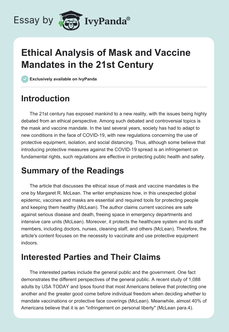 Ethical Analysis of Mask and Vaccine Mandates in the 21st Century. Page 1