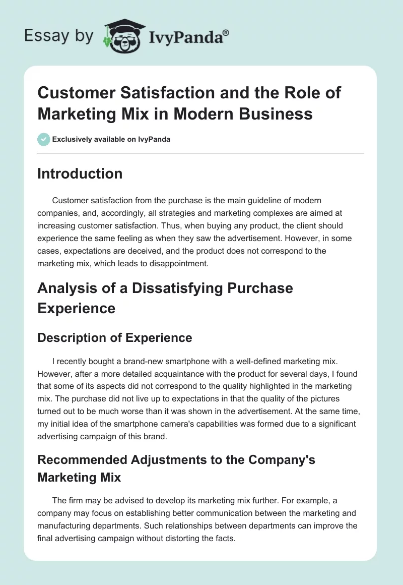 Customer Satisfaction and the Role of Marketing Mix in Modern Business. Page 1