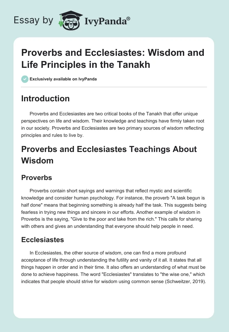 Proverbs and Ecclesiastes: Wisdom and Life Principles in the Tanakh. Page 1