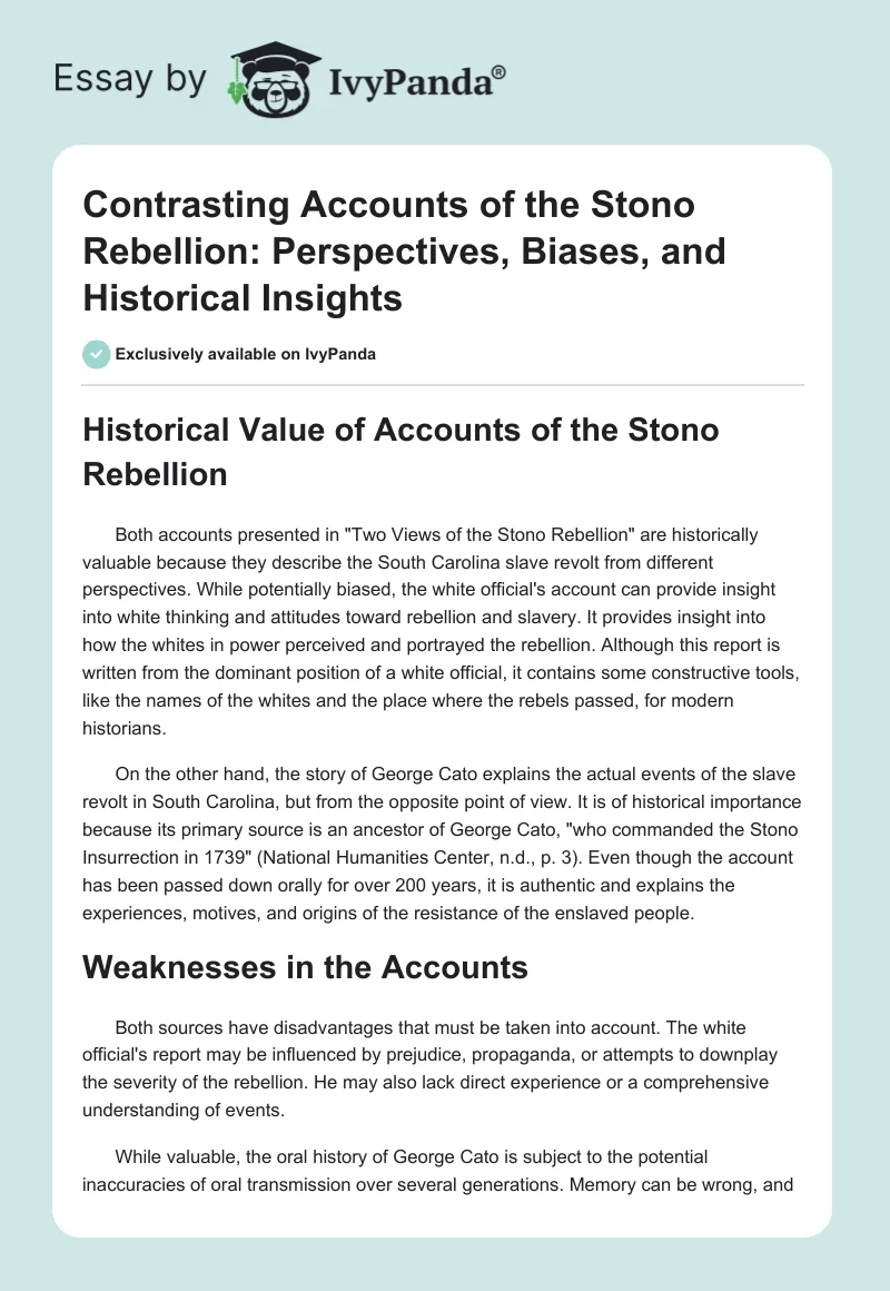Contrasting Accounts of the Stono Rebellion: Perspectives, Biases, and Historical Insights. Page 1