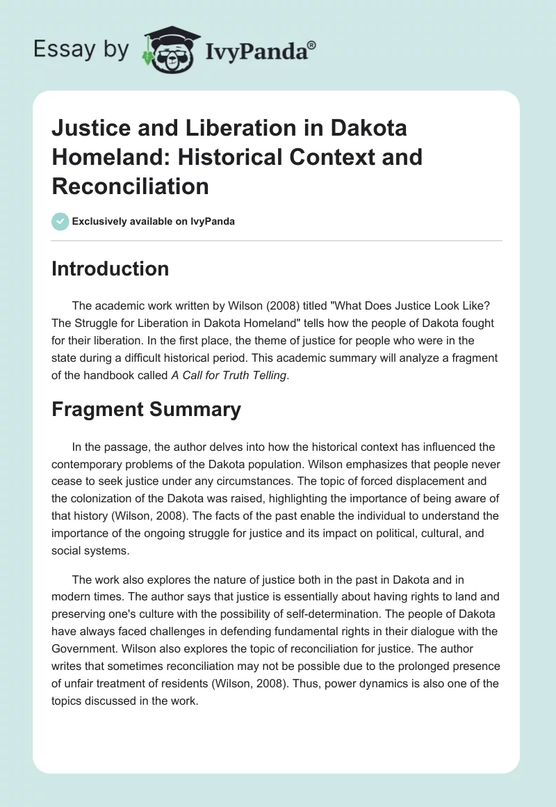 Justice and Liberation in Dakota Homeland: Historical Context and Reconciliation. Page 1