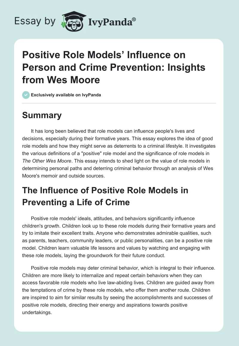 Positive Role Models’ Influence on Person and Crime Prevention: Insights from Wes Moore. Page 1