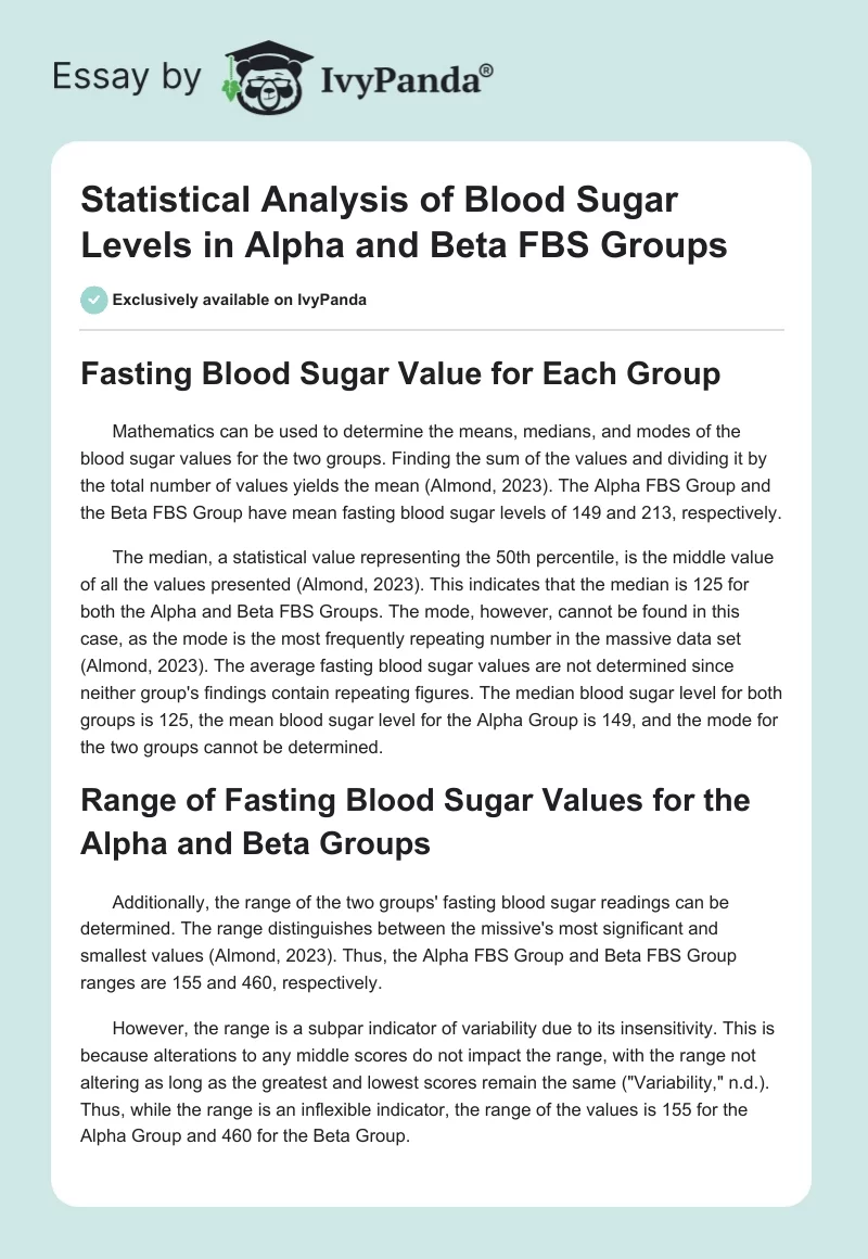 Statistical Analysis of Blood Sugar Levels in Alpha and Beta FBS Groups. Page 1