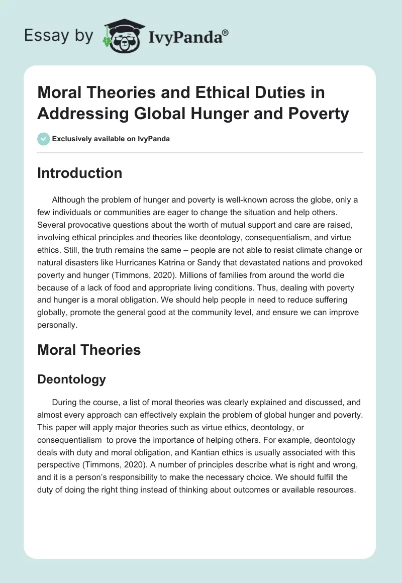 Moral Theories and Ethical Duties in Addressing Global Hunger and Poverty. Page 1