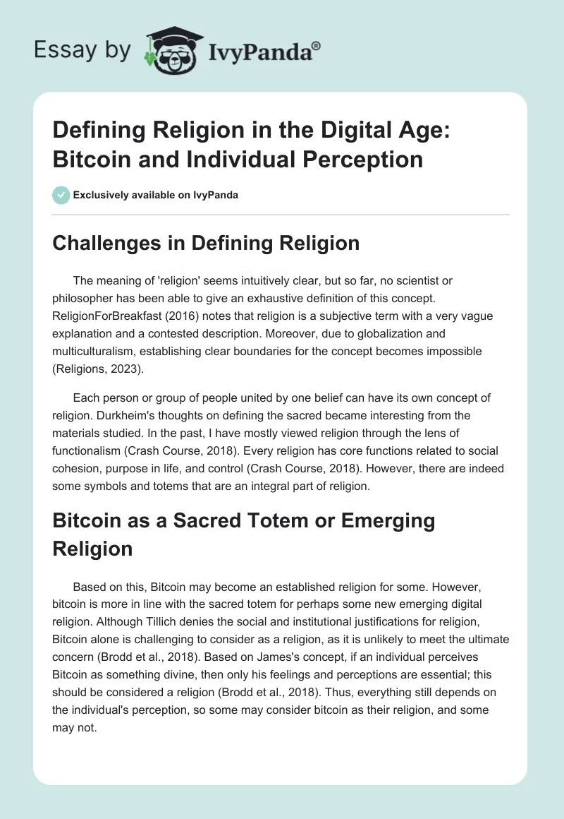 Defining Religion in the Digital Age: Bitcoin and Individual Perception. Page 1