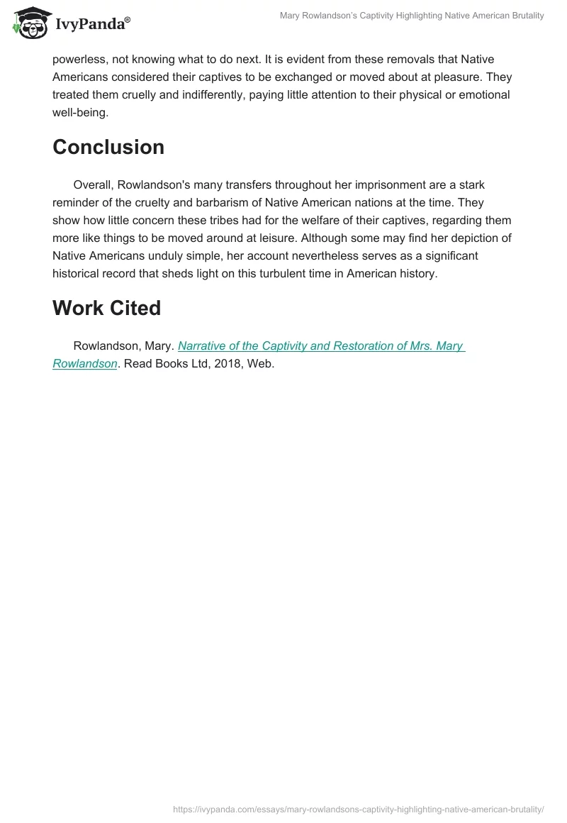 Mary Rowlandson’s Captivity Highlighting Native American Brutality. Page 2