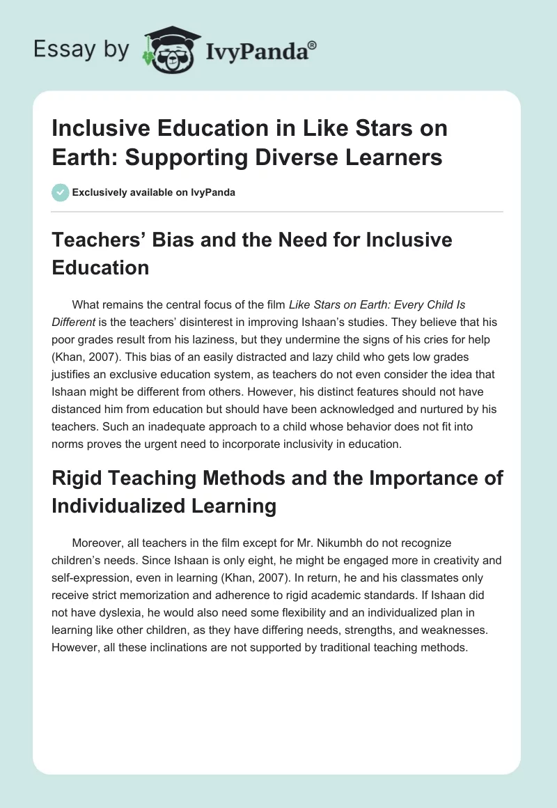 Inclusive Education in Like Stars on Earth: Supporting Diverse Learners. Page 1