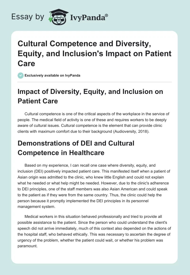 Cultural Competence and Diversity, Equity, and Inclusion's Impact on Patient Care. Page 1