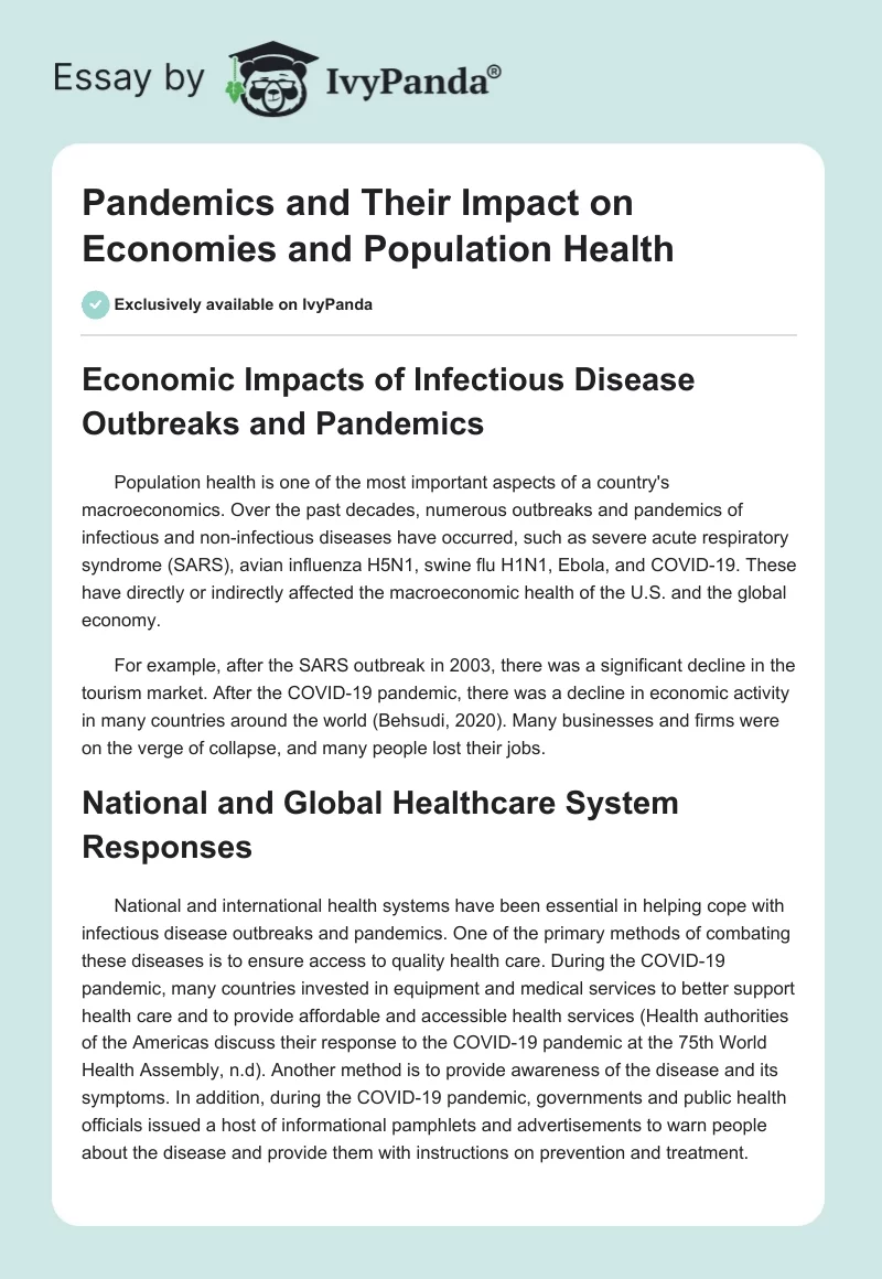 Pandemics and Their Impact on Economies and Population Health. Page 1