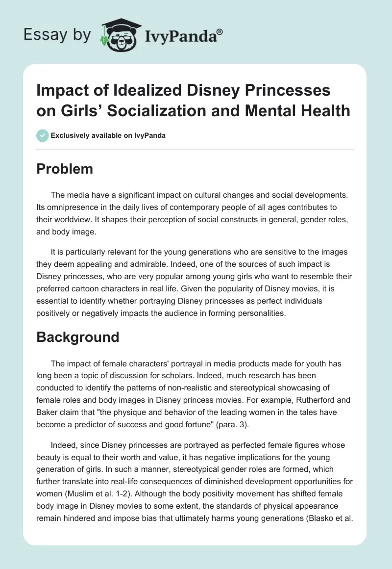 Impact of Idealized Disney Princesses on Girls’ Socialization and Mental Health. Page 1