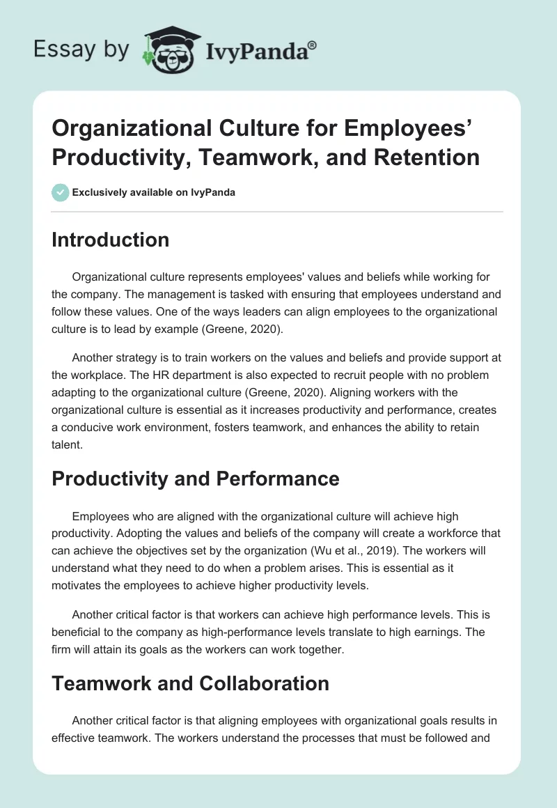 Organizational Culture for Employees’ Productivity, Teamwork, and Retention. Page 1