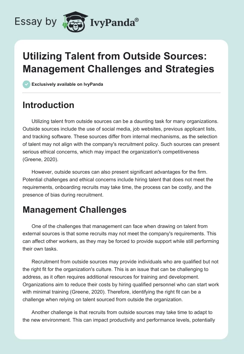 Utilizing Talent from Outside Sources: Management Challenges and Strategies. Page 1