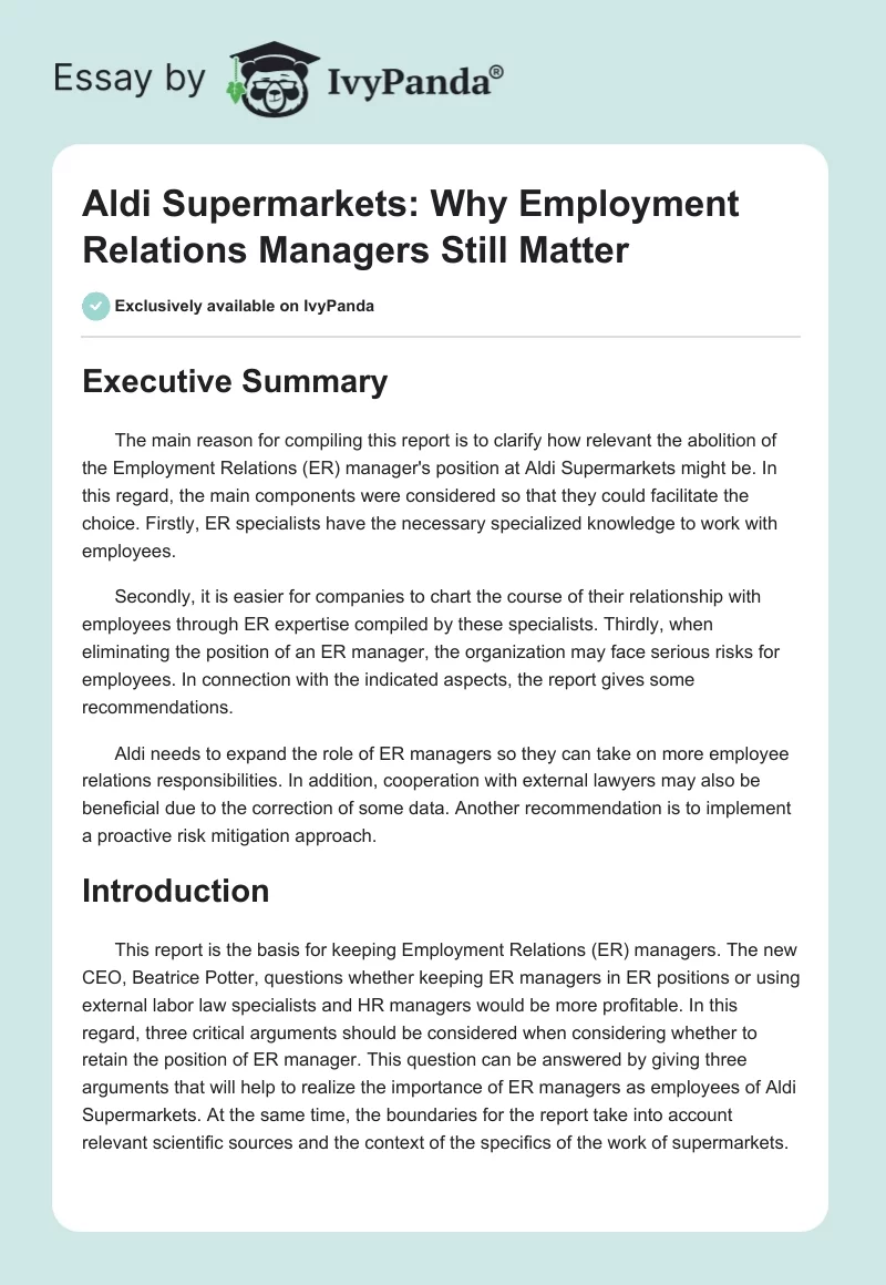 Aldi Supermarkets: Why Employment Relations Managers Still Matter. Page 1