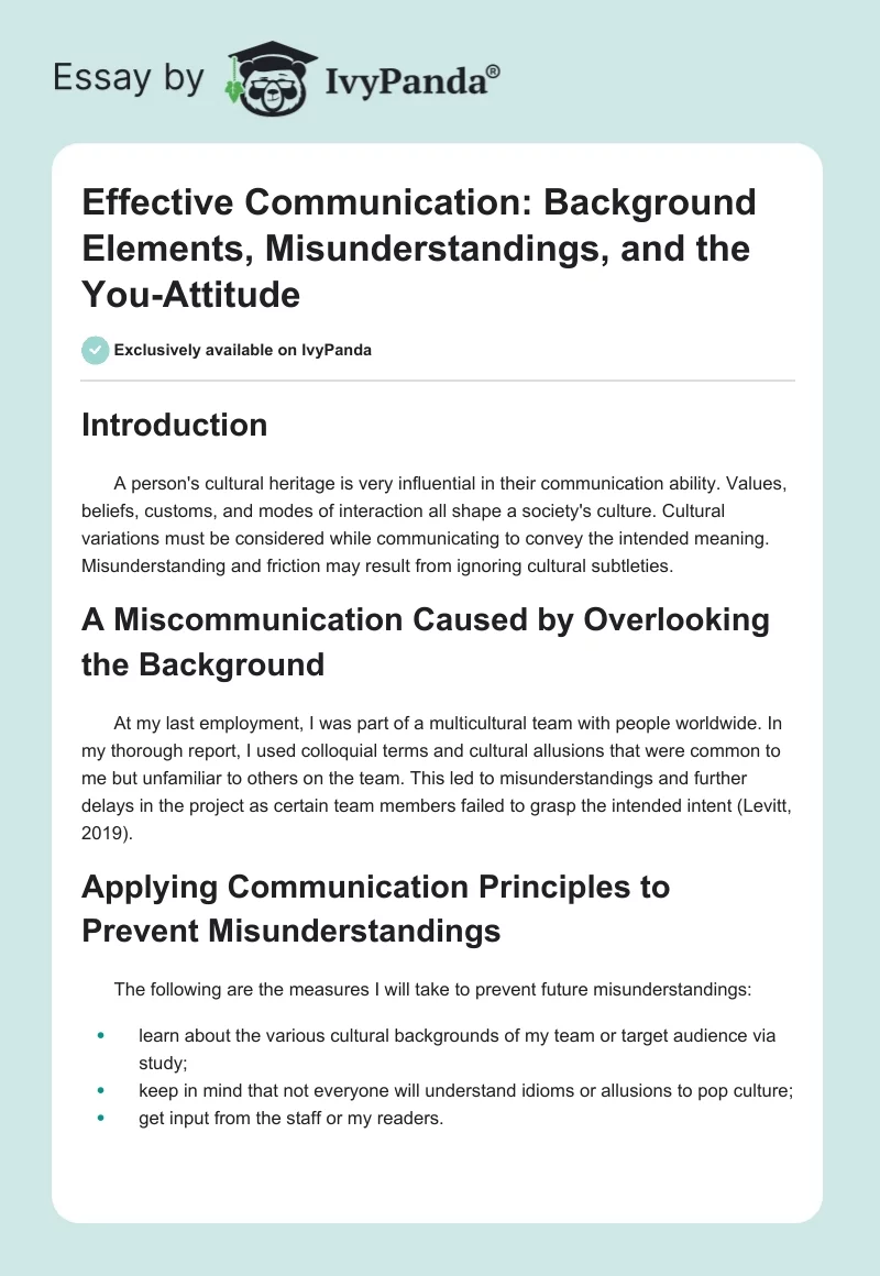 Effective Communication: Background Elements, Misunderstandings, and the You-Attitude. Page 1