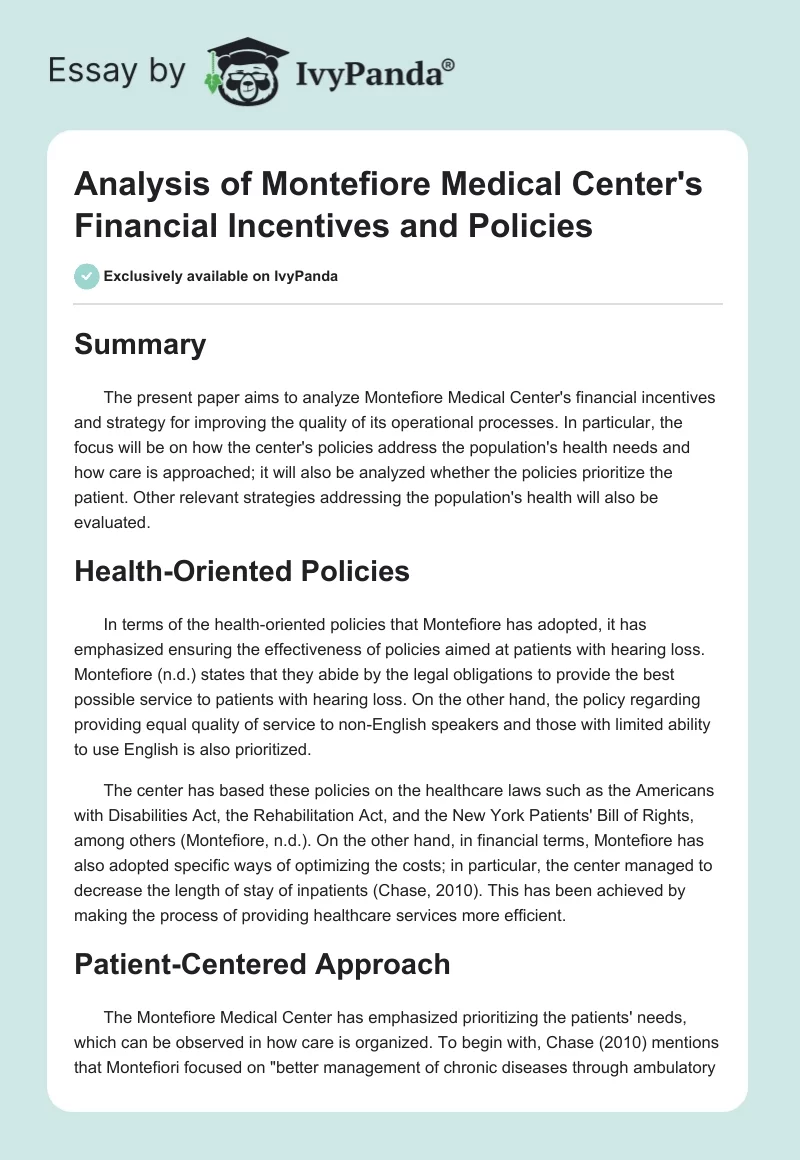 Analysis of Montefiore Medical Center's Financial Incentives and Policies. Page 1