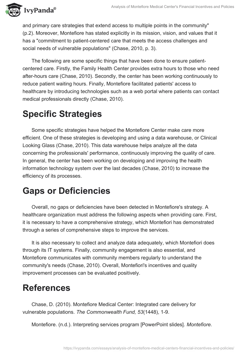 Analysis of Montefiore Medical Center's Financial Incentives and Policies. Page 2