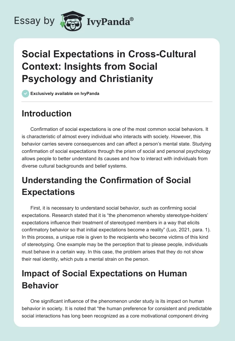 Social Expectations in Cross-Cultural Context: Insights from Social Psychology and Christianity. Page 1