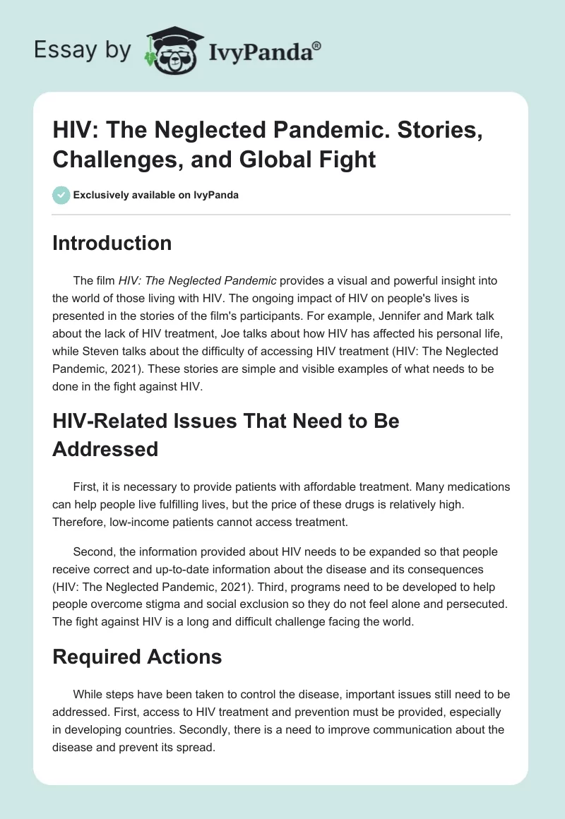 HIV: The Neglected Pandemic. Stories, Challenges, and Global Fight. Page 1