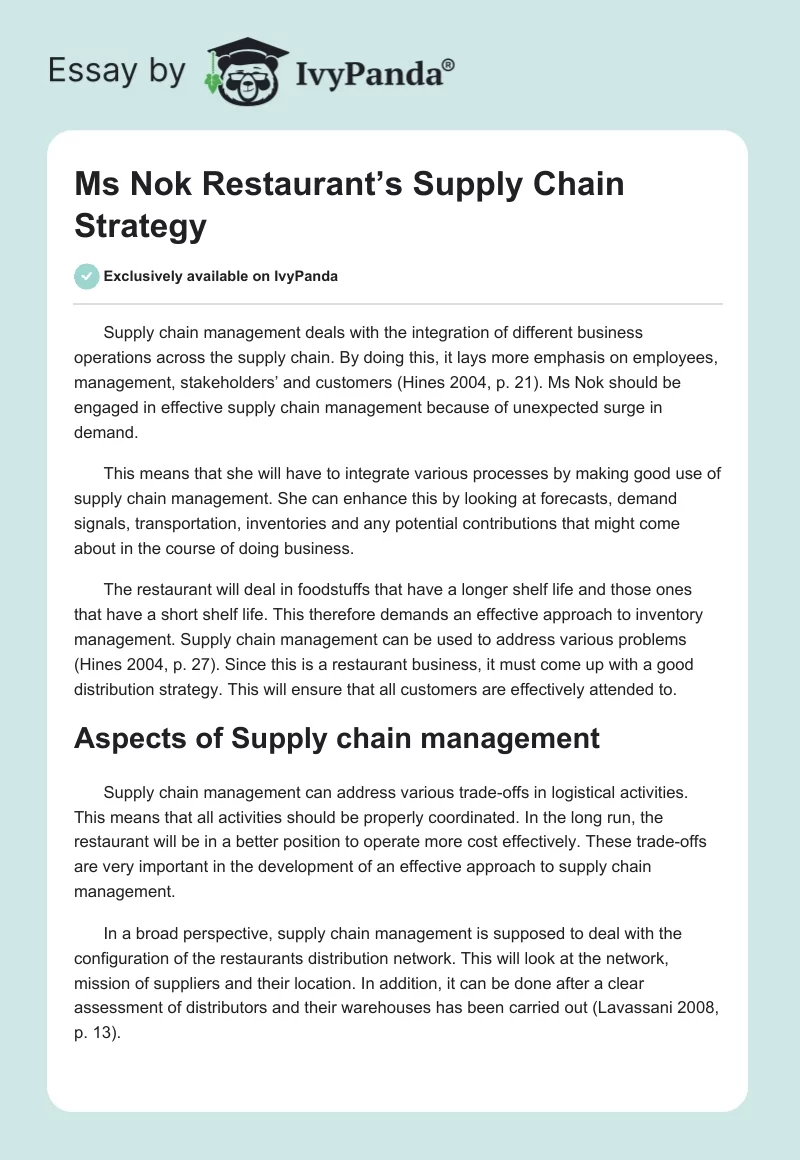 Ms Nok Restaurant’s Supply Chain Strategy. Page 1