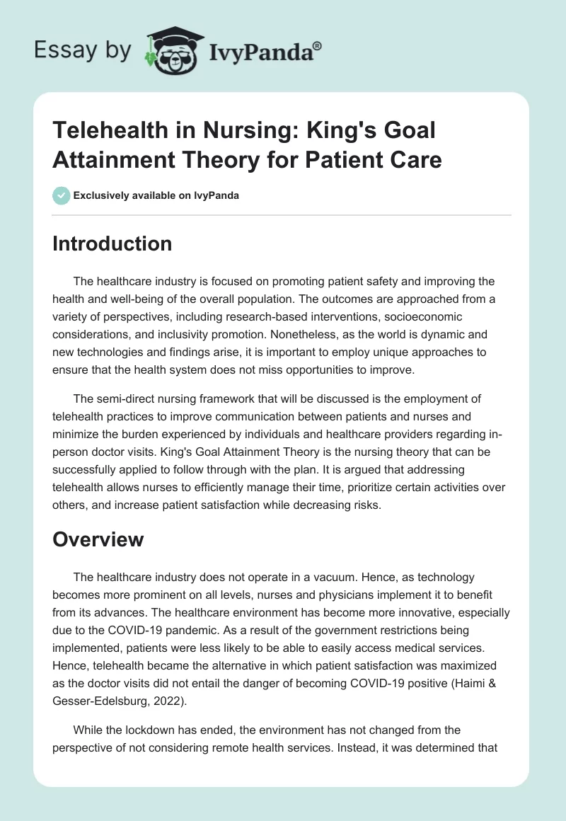 Telehealth in Nursing: King's Goal Attainment Theory for Patient Care. Page 1