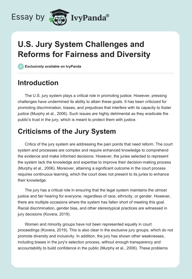 U.S. Jury System Challenges and Reforms for Fairness and Diversity. Page 1