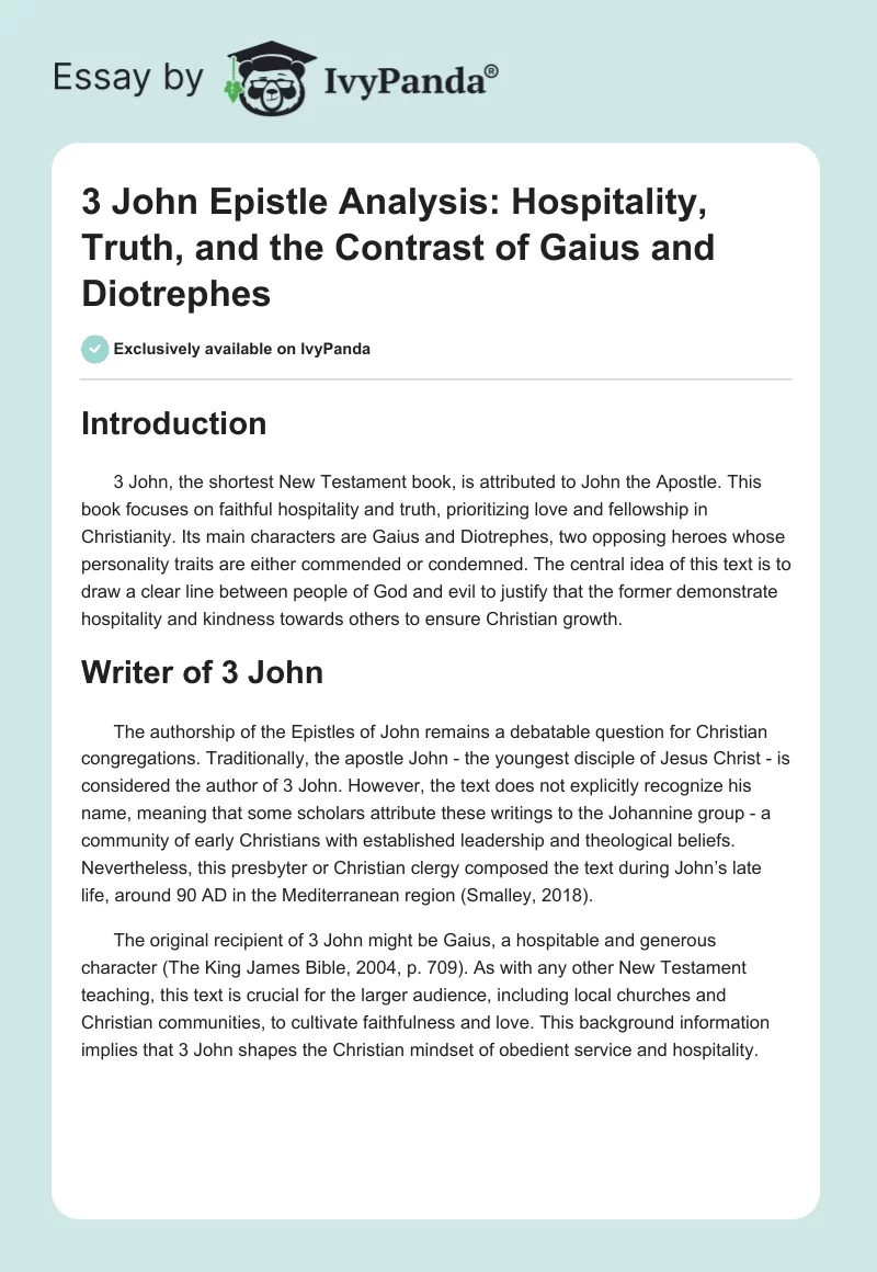 3 John Epistle Analysis: Hospitality, Truth, and the Contrast of Gaius and Diotrephes. Page 1