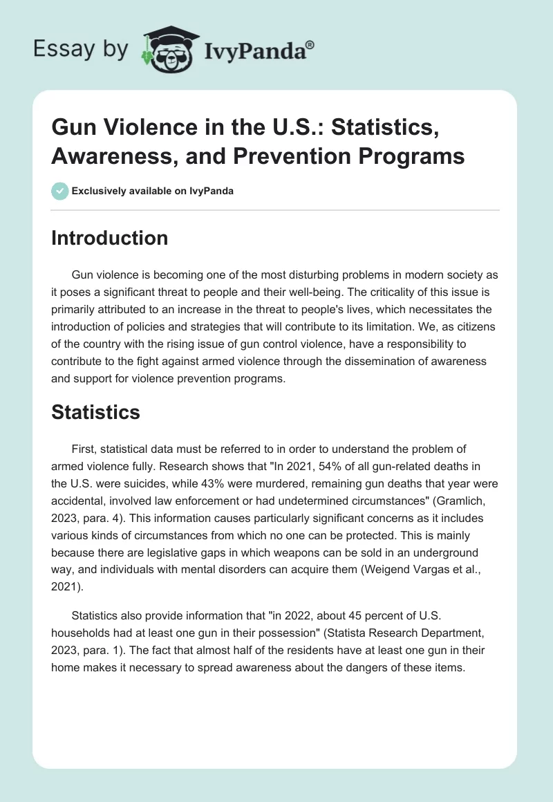 Gun Violence in the U.S.: Statistics, Awareness, and Prevention Programs. Page 1