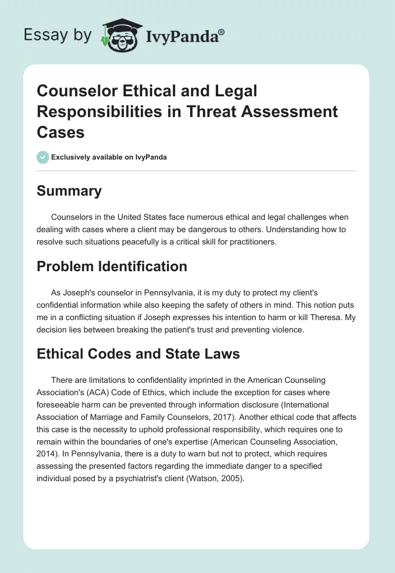 Counselor Ethical and Legal Responsibilities in Threat Assessment Cases. Page 1