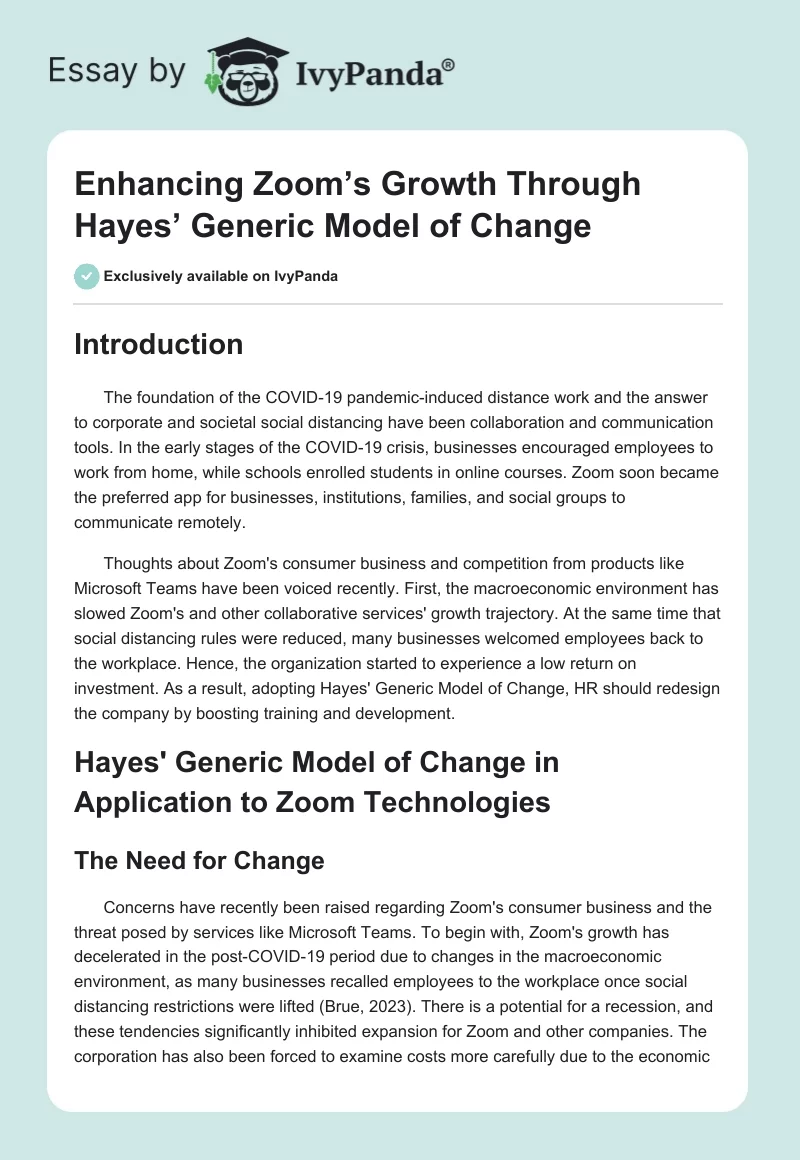 Enhancing Zoom’s Growth Through Hayes’ Generic Model of Change. Page 1