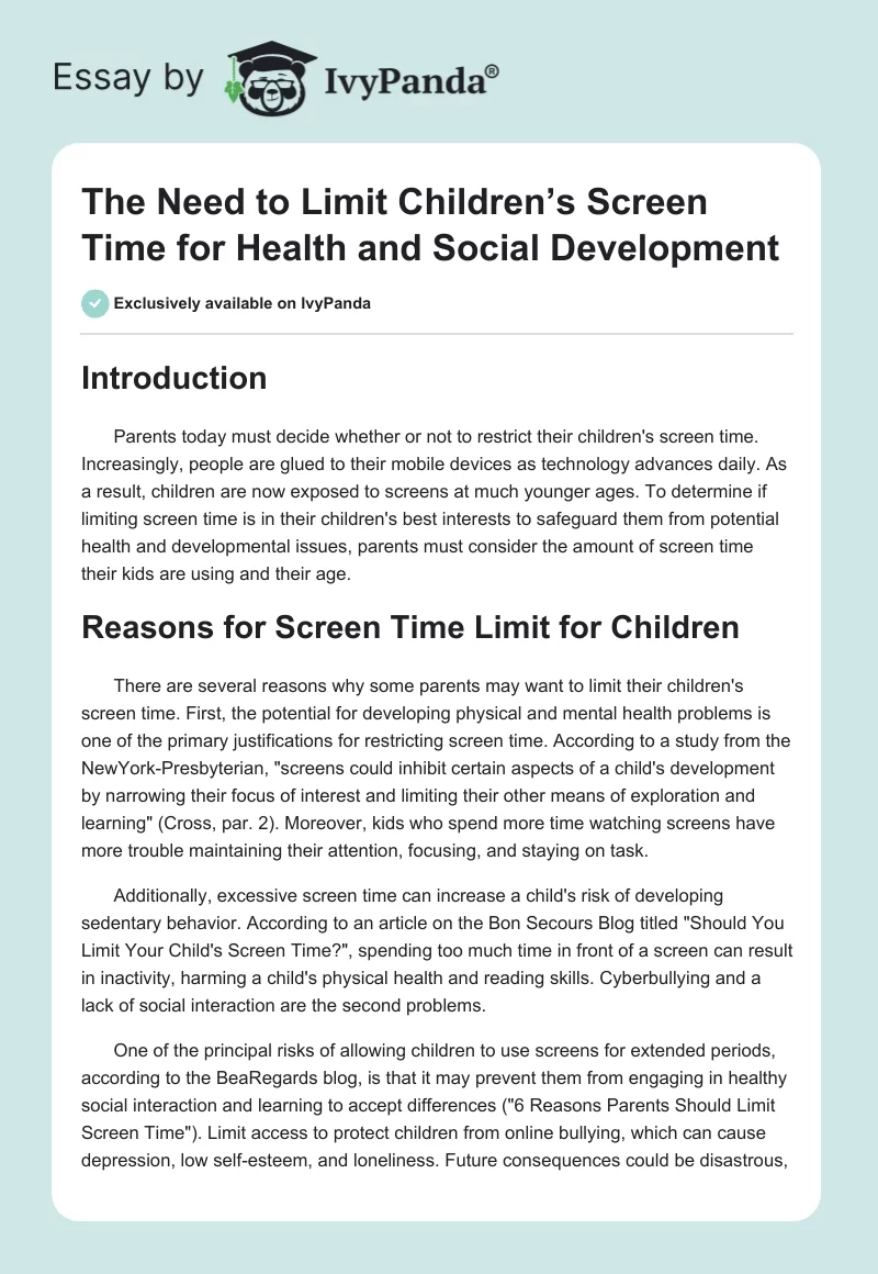 The Need to Limit Children’s Screen Time for Health and Social Development. Page 1