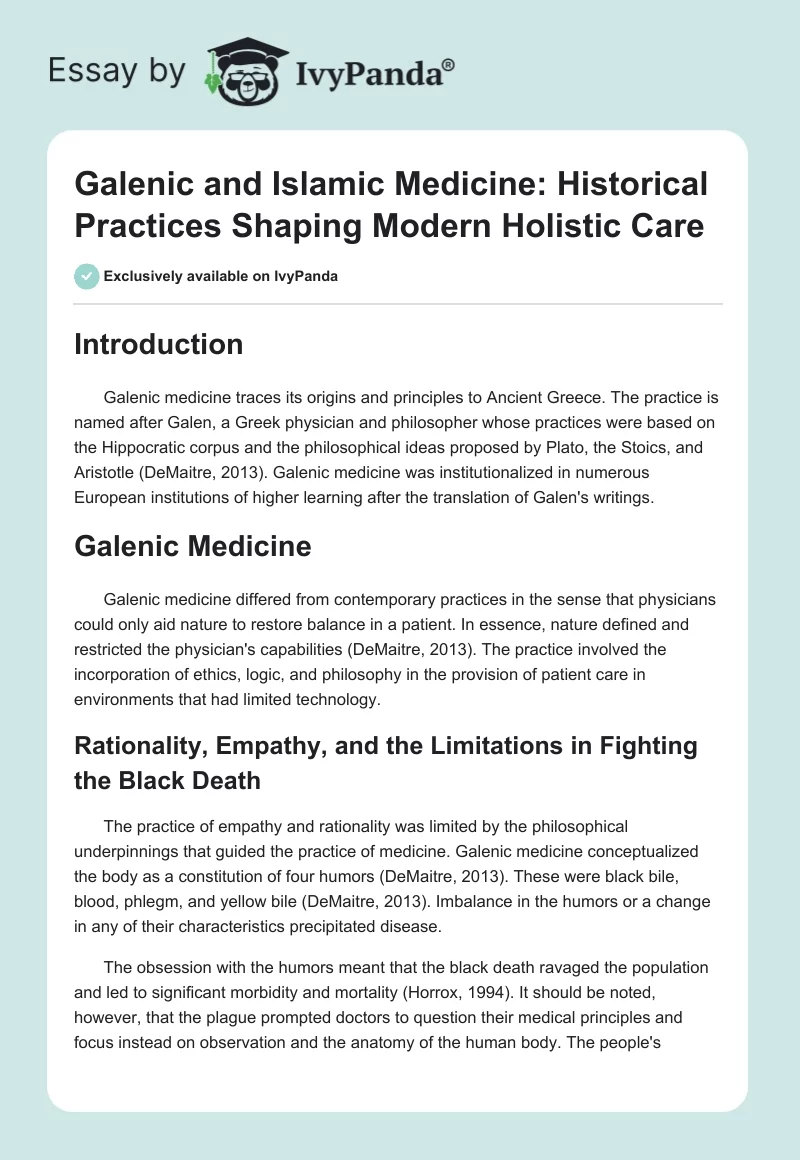 Galenic and Islamic Medicine: Historical Practices Shaping Modern Holistic Care. Page 1