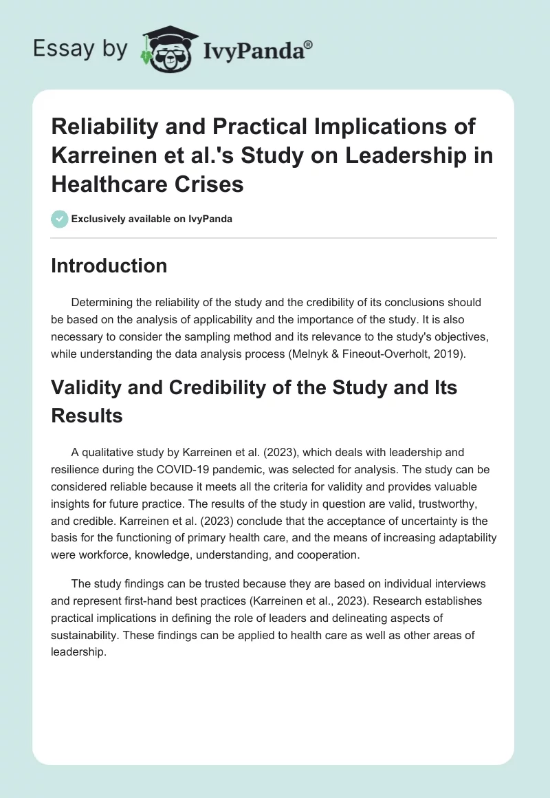 Reliability and Practical Implications of Karreinen et al.'s Study on Leadership in Healthcare Crises. Page 1