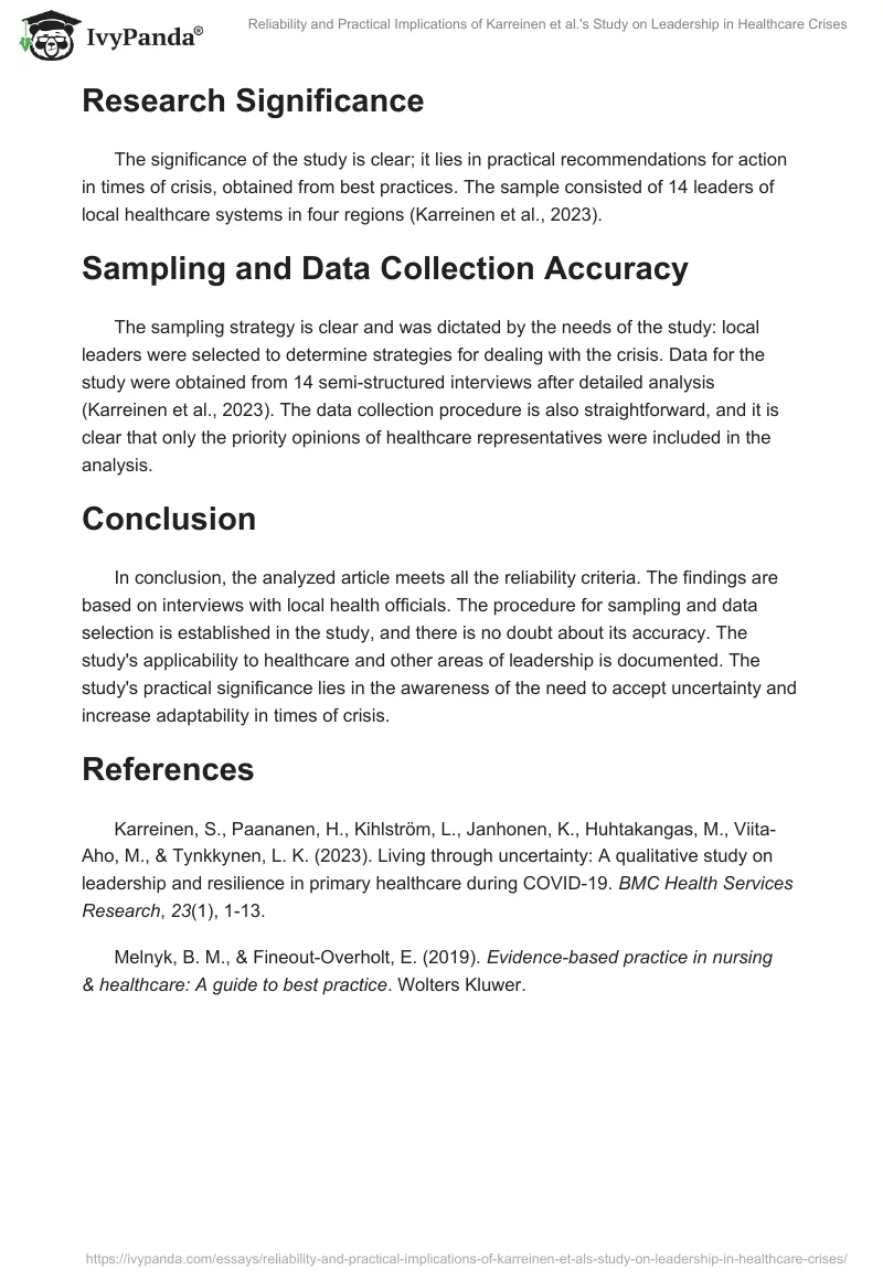 Reliability and Practical Implications of Karreinen et al.'s Study on Leadership in Healthcare Crises. Page 2