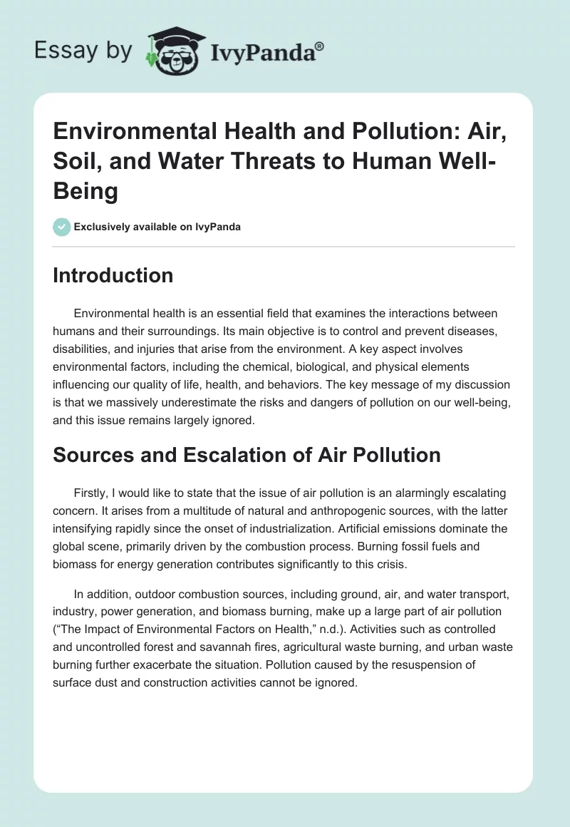 Environmental Health and Pollution: Air, Soil, and Water Threats to Human Well-Being. Page 1
