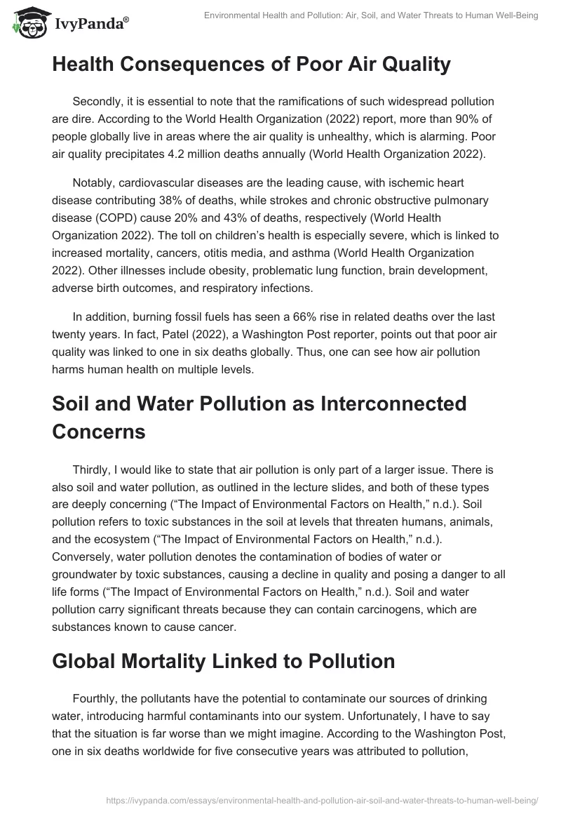 Environmental Health and Pollution: Air, Soil, and Water Threats to Human Well-Being. Page 2