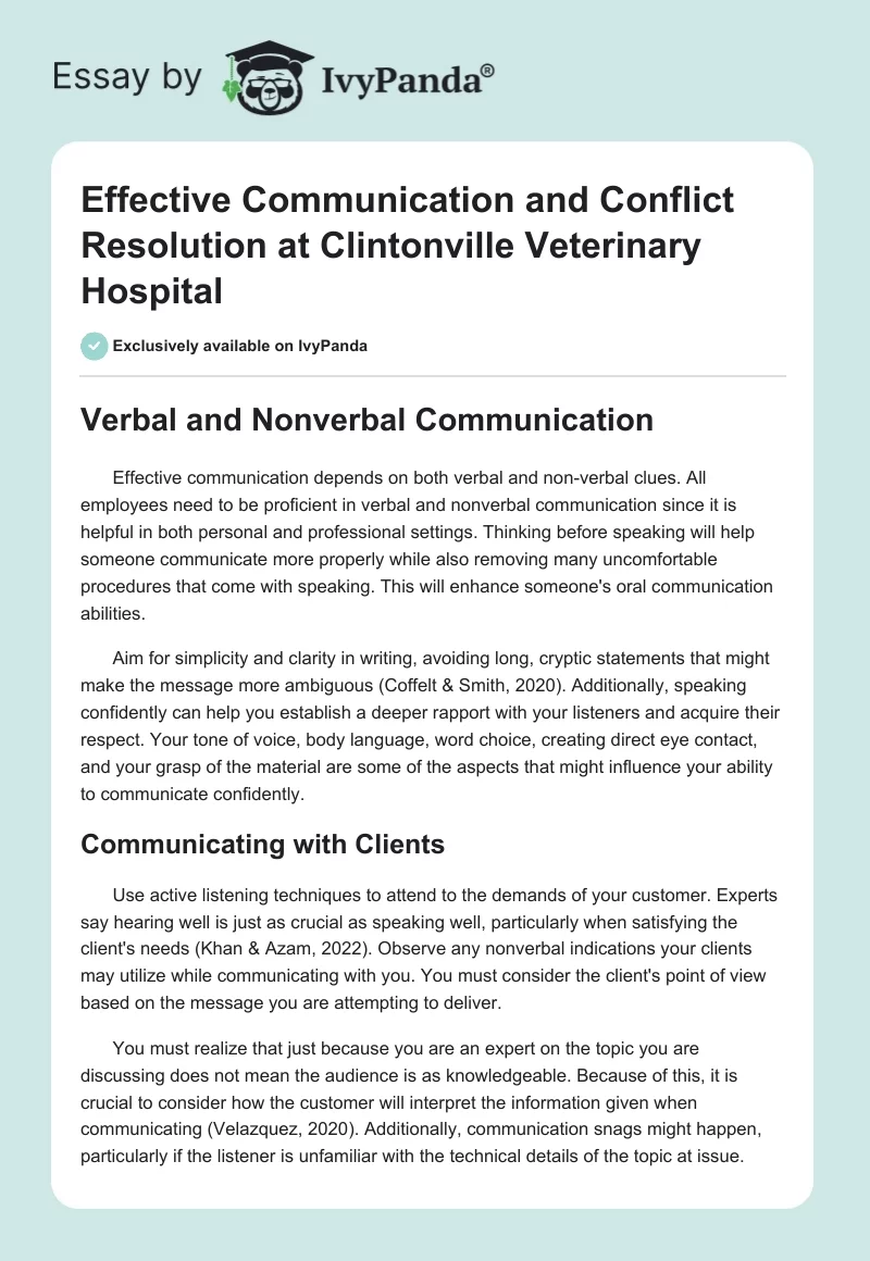 Effective Communication and Conflict Resolution at Clintonville Veterinary Hospital. Page 1