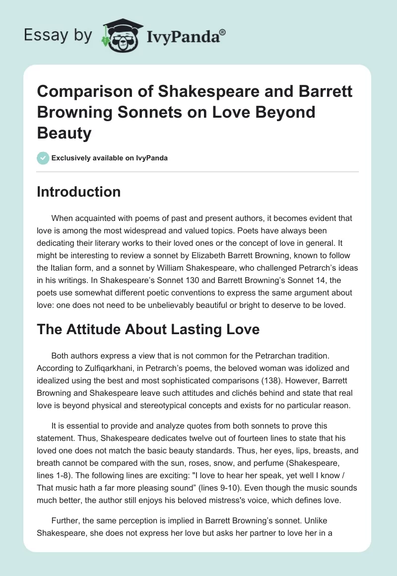 Comparison of Shakespeare and Barrett Browning Sonnets on Love Beyond Beauty. Page 1