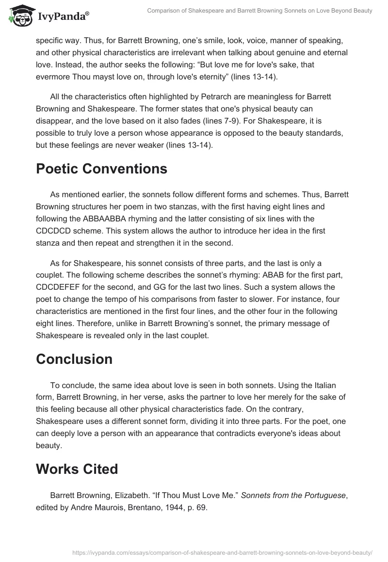 Comparison of Shakespeare and Barrett Browning Sonnets on Love Beyond Beauty. Page 2