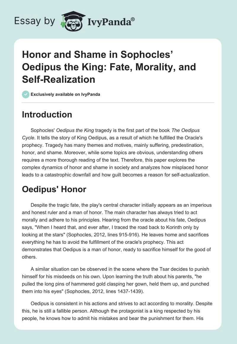 Honor and Shame in Sophocles’ Oedipus the King: Fate, Morality, and Self-Realization. Page 1