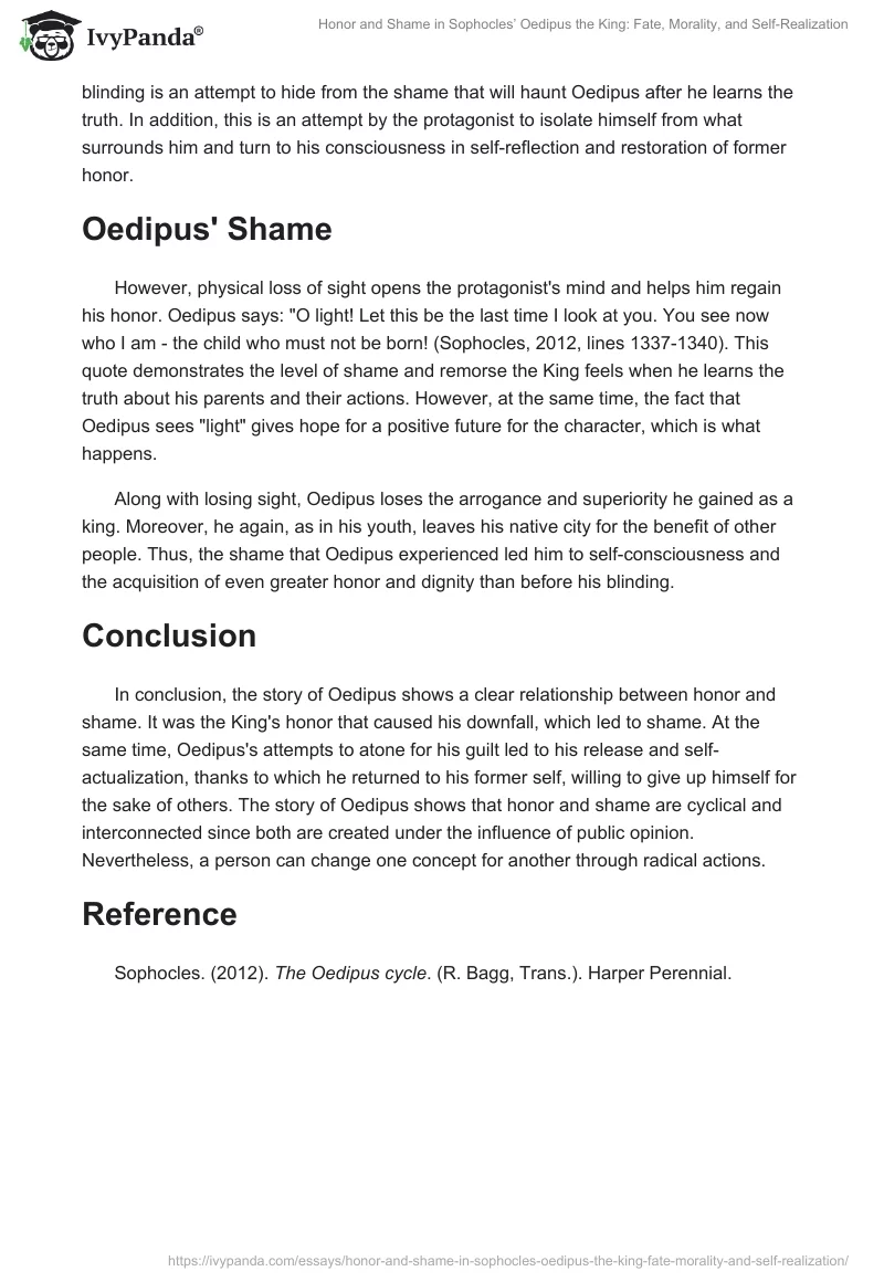 Honor and Shame in Sophocles’ Oedipus the King: Fate, Morality, and Self-Realization. Page 2