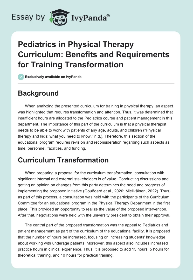 Pediatrics in Physical Therapy Curriculum: Benefits and Requirements for Training Transformation. Page 1