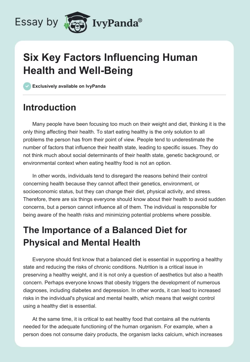 Six Key Factors Influencing Human Health and Well-Being. Page 1