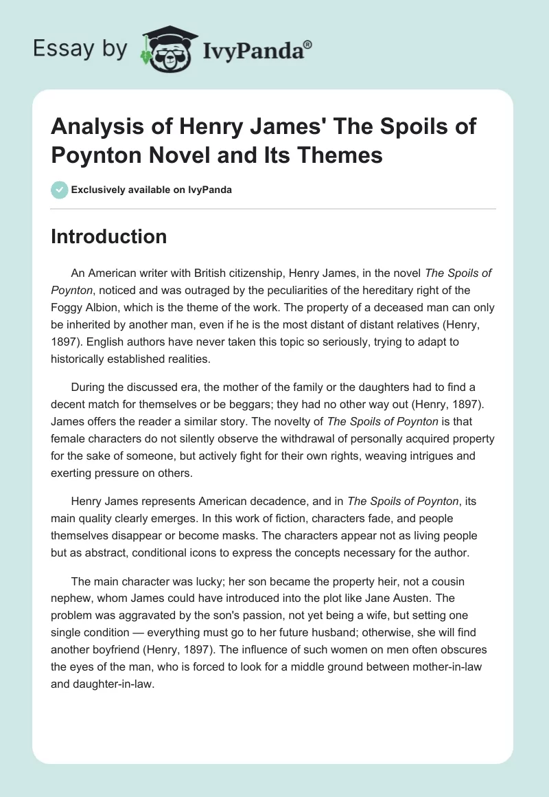 Analysis of Henry James' The Spoils of Poynton Novel and Its Themes. Page 1